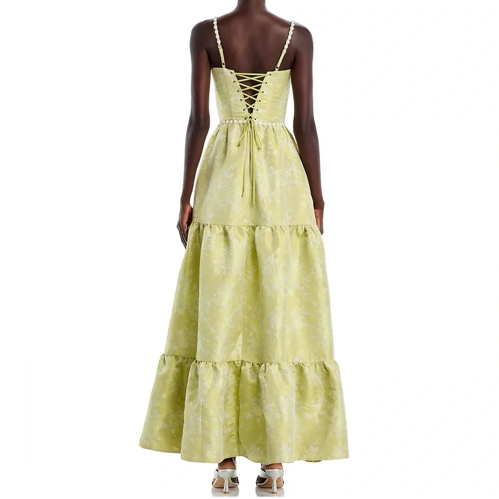 V. Chapman Lime Green Tiered Maxi Dress with Pearl Trim - Picture 4 of 4